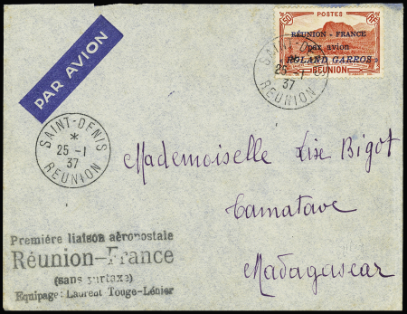 Réunion PA n°1 (cote 340€) OBL Saint Denis (25.1.37) sur lettre avec griffe noire "Première liaison aéropostale Réunion - France (sans surtaxe)