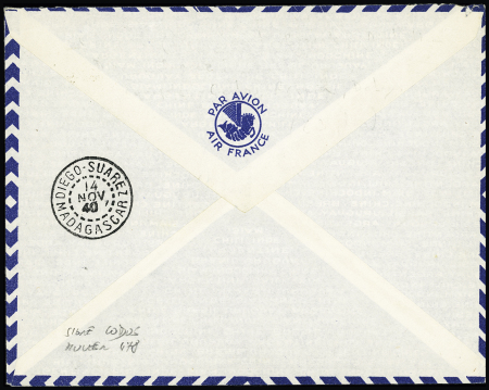 N°432 OBL Marignane aéroport (7.11.40) sur lettre pour Diego-Suarez via Djibouti avec signature de Codos (M480 - 63 plis existants). TB