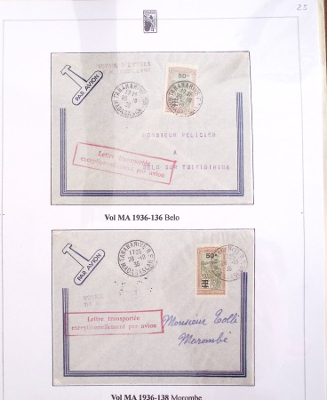 Ensemble de 69 premiers vols et lettres par avion sur les liaisons postales aériennes de Madagascar (1935 - 1947) avec les vols intérieurs