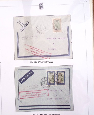 Ensemble de 69 premiers vols et lettres par avion sur les liaisons postales aériennes de Madagascar (1935 - 1947) avec les vols intérieurs