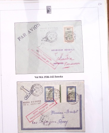 Ensemble de 69 premiers vols et lettres par avion sur les liaisons postales aériennes de Madagascar (1935 - 1947) avec les vols intérieurs