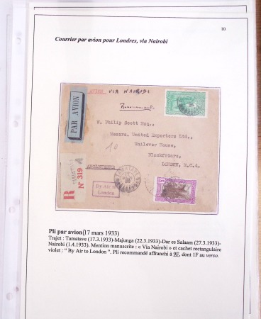 Ensemble de 69 premiers vols et lettres par avion sur les liaisons postales aériennes de Madagascar (1935 - 1947) avec les vols intérieurs