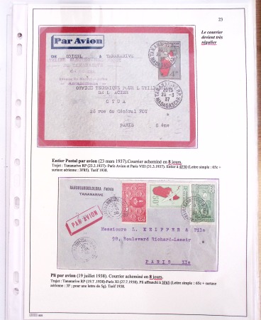 Ensemble de 69 premiers vols et lettres par avion sur les liaisons postales aériennes de Madagascar (1935 - 1947) avec les vols intérieurs