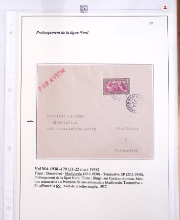 Ensemble de 69 premiers vols et lettres par avion sur les liaisons postales aériennes de Madagascar (1935 - 1947) avec les vols intérieurs