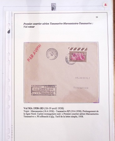 Ensemble de 69 premiers vols et lettres par avion sur les liaisons postales aériennes de Madagascar (1935 - 1947) avec les vols intérieurs