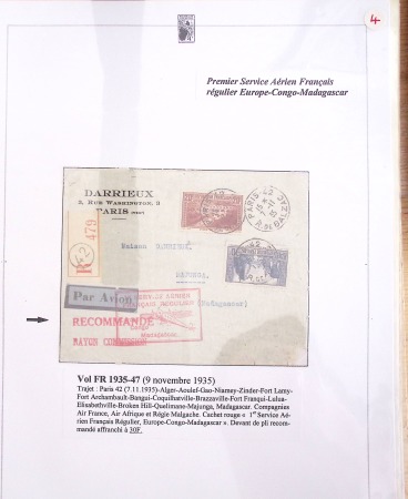 Ensemble de 69 premiers vols et lettres par avion sur les liaisons postales aériennes de Madagascar (1935 - 1947) avec les vols intérieurs