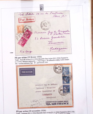 Ensemble de 69 premiers vols et lettres par avion sur les liaisons postales aériennes de Madagascar (1935 - 1947) avec les vols intérieurs