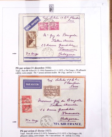 Ensemble de 69 premiers vols et lettres par avion sur les liaisons postales aériennes de Madagascar (1935 - 1947) avec les vols intérieurs