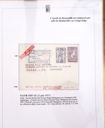 Ensemble de 69 premiers vols et lettres par avion sur les liaisons postales aériennes de Madagascar (1935 - 1947) avec les vols intérieurs