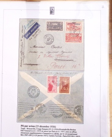 Ensemble de 69 premiers vols et lettres par avion sur les liaisons postales aériennes de Madagascar (1935 - 1947) avec les vols intérieurs