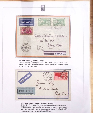 Ensemble de 69 premiers vols et lettres par avion sur les liaisons postales aériennes de Madagascar (1935 - 1947) avec les vols intérieurs
