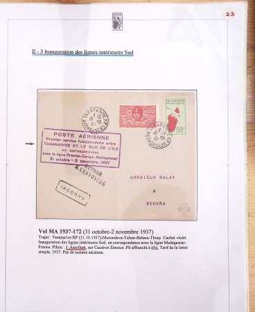 Ensemble de 69 premiers vols et lettres par avion sur les liaisons postales aériennes de Madagascar (1935 - 1947) avec les vols intérieurs
