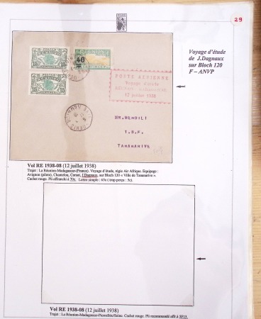 Ensemble de 69 premiers vols et lettres par avion sur les liaisons postales aériennes de Madagascar (1935 - 1947) avec les vols intérieurs