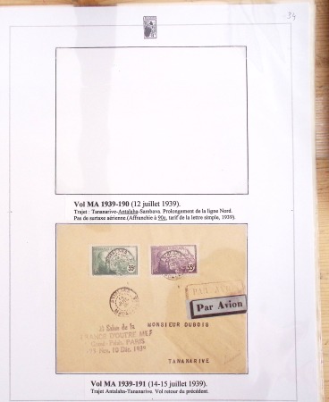 Ensemble de 69 premiers vols et lettres par avion sur les liaisons postales aériennes de Madagascar (1935 - 1947) avec les vols intérieurs