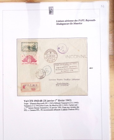 Ensemble de 69 premiers vols et lettres par avion sur les liaisons postales aériennes de Madagascar (1935 - 1947) avec les vols intérieurs
