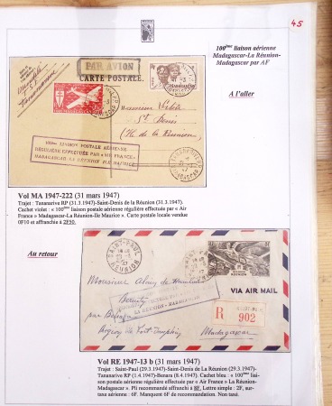 Ensemble de 69 premiers vols et lettres par avion sur les liaisons postales aériennes de Madagascar (1935 - 1947) avec les vols intérieurs