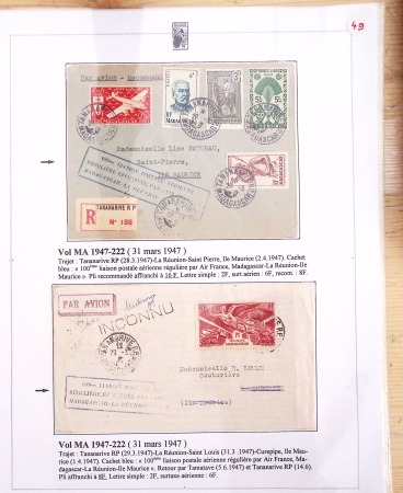 Ensemble de 69 premiers vols et lettres par avion sur les liaisons postales aériennes de Madagascar (1935 - 1947) avec les vols intérieurs