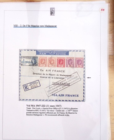Ensemble de 69 premiers vols et lettres par avion sur les liaisons postales aériennes de Madagascar (1935 - 1947) avec les vols intérieurs