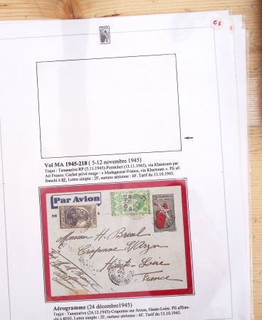Ensemble de 69 premiers vols et lettres par avion sur les liaisons postales aériennes de Madagascar (1935 - 1947) avec les vols intérieurs