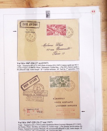 Ensemble de 69 premiers vols et lettres par avion sur les liaisons postales aériennes de Madagascar (1935 - 1947) avec les vols intérieurs