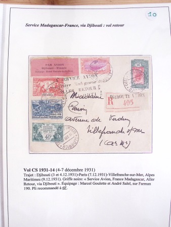 Collection de 82 plis dans un classeur de bureau blanc avec descriptions : "Dix-huit ans de liaisons postales aériennes avec Madagascar (1929 - 1946)"