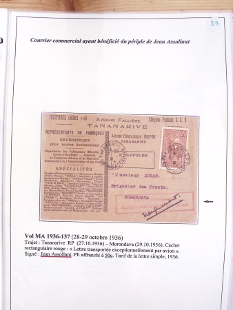 Collection de 82 plis dans un classeur de bureau blanc avec descriptions : "Dix-huit ans de liaisons postales aériennes avec Madagascar (1929 - 1946)"
