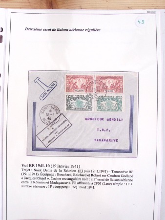 Collection de 82 plis dans un classeur de bureau blanc avec descriptions : "Dix-huit ans de liaisons postales aériennes avec Madagascar (1929 - 1946)"