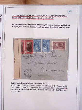 Collection de 82 plis dans un classeur de bureau blanc avec descriptions : "Dix-huit ans de liaisons postales aériennes avec Madagascar (1929 - 1946)"