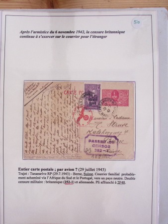 Collection de 82 plis dans un classeur de bureau blanc avec descriptions : "Dix-huit ans de liaisons postales aériennes avec Madagascar (1929 - 1946)"