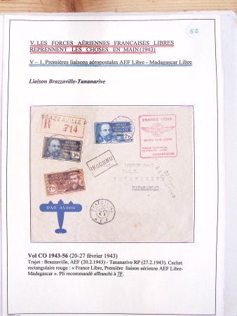 Collection de 82 plis dans un classeur de bureau blanc avec descriptions : "Dix-huit ans de liaisons postales aériennes avec Madagascar (1929 - 1946)"