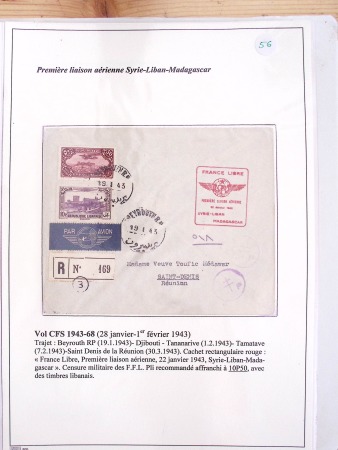 Collection de 82 plis dans un classeur de bureau blanc avec descriptions : "Dix-huit ans de liaisons postales aériennes avec Madagascar (1929 - 1946)"