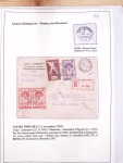 Collection de 82 plis dans un classeur de bureau blanc avec descriptions : "Dix-huit ans de liaisons postales aériennes avec Madagascar (1929 - 1946)"
