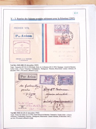 Collection de 82 plis dans un classeur de bureau blanc avec descriptions : "Dix-huit ans de liaisons postales aériennes avec Madagascar (1929 - 1946)"