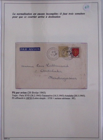 Collection de 82 plis dans un classeur de bureau blanc avec descriptions : "Dix-huit ans de liaisons postales aériennes avec Madagascar (1929 - 1946)"