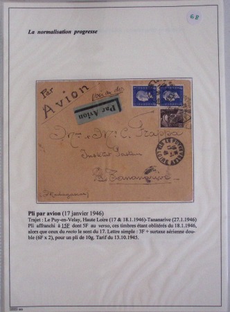 Collection de 82 plis dans un classeur de bureau blanc avec descriptions : "Dix-huit ans de liaisons postales aériennes avec Madagascar (1929 - 1946)"