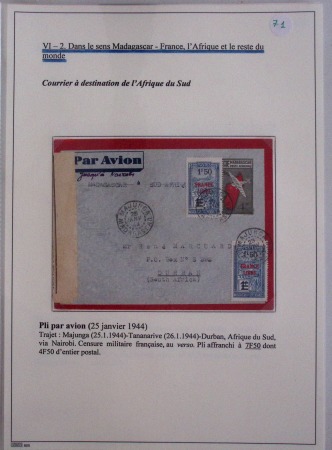 Collection de 82 plis dans un classeur de bureau blanc avec descriptions : "Dix-huit ans de liaisons postales aériennes avec Madagascar (1929 - 1946)"