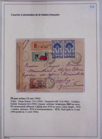 Collection de 82 plis dans un classeur de bureau blanc avec descriptions : "Dix-huit ans de liaisons postales aériennes avec Madagascar (1929 - 1946)"