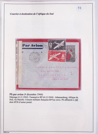 Collection de 82 plis dans un classeur de bureau blanc avec descriptions : "Dix-huit ans de liaisons postales aériennes avec Madagascar (1929 - 1946)"