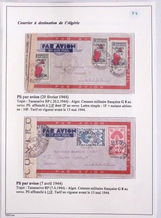 Collection de 82 plis dans un classeur de bureau blanc avec descriptions : "Dix-huit ans de liaisons postales aériennes avec Madagascar (1929 - 1946)"