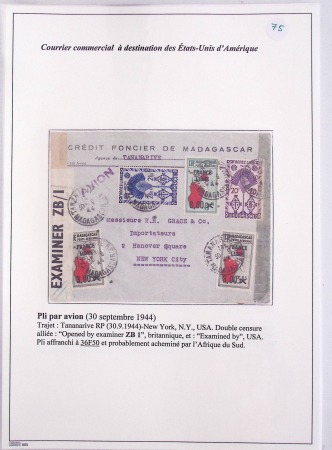 Collection de 82 plis dans un classeur de bureau blanc avec descriptions : "Dix-huit ans de liaisons postales aériennes avec Madagascar (1929 - 1946)"