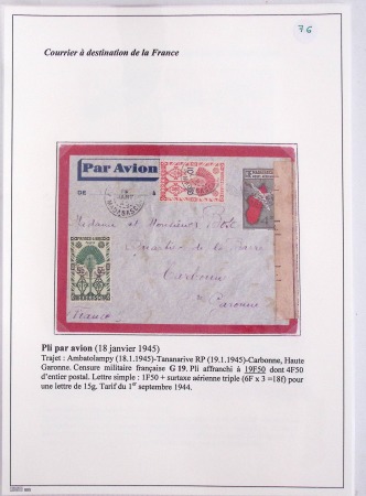 Collection de 82 plis dans un classeur de bureau blanc avec descriptions : "Dix-huit ans de liaisons postales aériennes avec Madagascar (1929 - 1946)"