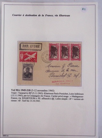 Collection de 82 plis dans un classeur de bureau blanc avec descriptions : "Dix-huit ans de liaisons postales aériennes avec Madagascar (1929 - 1946)"