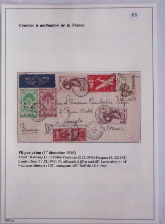 Collection de 82 plis dans un classeur de bureau blanc avec descriptions : "Dix-huit ans de liaisons postales aériennes avec Madagascar (1929 - 1946)"