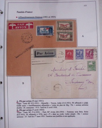 48 plis dans un classeur de bureau blanc : L'aviation en Tunisie (1916 - 1946) dont accident de Burello à Marignane (9.2.38) et une lettre par avion AFF n°269