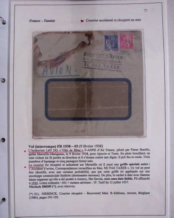 48 plis dans un classeur de bureau blanc : L'aviation en Tunisie (1916 - 1946) dont accident de Burello à Marignane (9.2.38) et une lettre par avion AFF n°269
