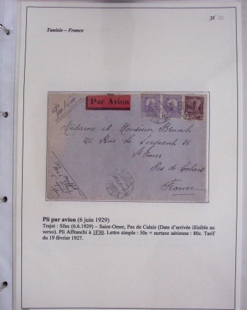 48 plis dans un classeur de bureau blanc : L'aviation en Tunisie (1916 - 1946) dont accident de Burello à Marignane (9.2.38) et une lettre par avion AFF n°269
