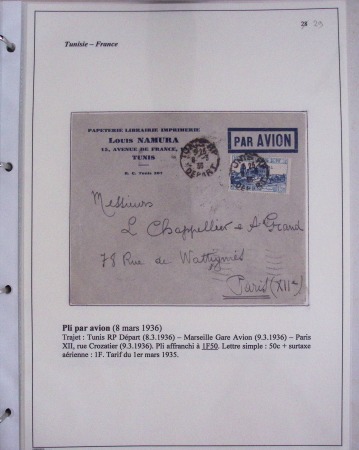 48 plis dans un classeur de bureau blanc : L'aviation en Tunisie (1916 - 1946) dont accident de Burello à Marignane (9.2.38) et une lettre par avion AFF n°269