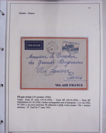 48 plis dans un classeur de bureau blanc : L'aviation en Tunisie (1916 - 1946) dont accident de Burello à Marignane (9.2.38) et une lettre par avion AFF n°269