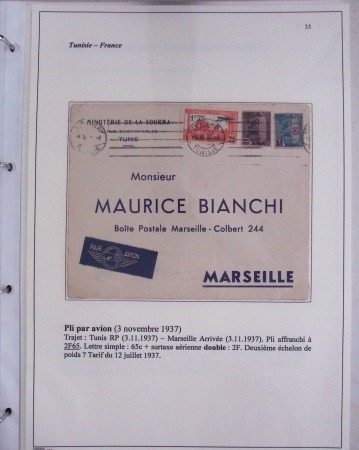48 plis dans un classeur de bureau blanc : L'aviation en Tunisie (1916 - 1946) dont accident de Burello à Marignane (9.2.38) et une lettre par avion AFF n°269