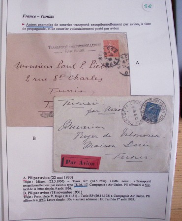 Collection de 126 plis : "Courriers aéropostaux vers et à partir de la Tunisie (1916 - 1943) dans un classeur de bureau blanc dont 4 plis Service postal aviation militaire sud tunisien